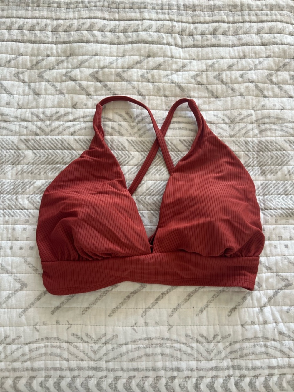 Ribbed V-Neck Bikini Top in Rust Red